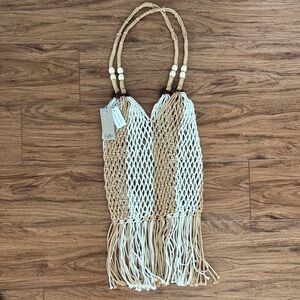 Beige and White Woven Tote Bag